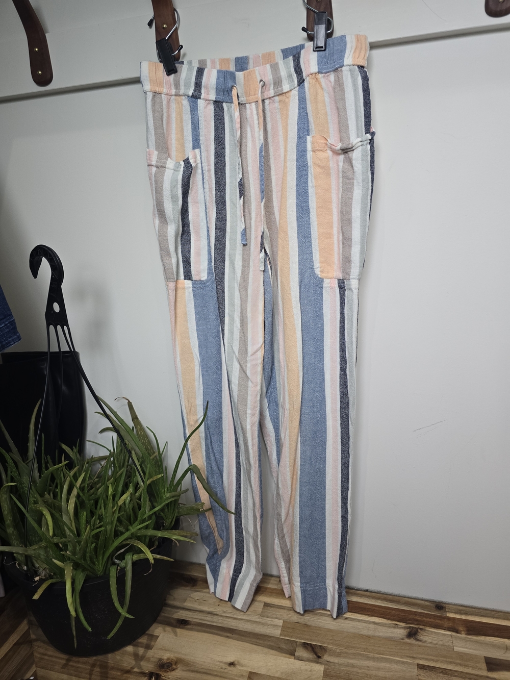 Striped Straight-Leg Drawstring Pants in Blue & Peach